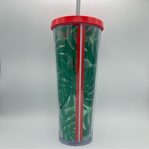 Starbucks Tropical Leaves Venti Cold Drink Tumbler 24 oz Green & Metallic Lace - Picture 3 of 15
